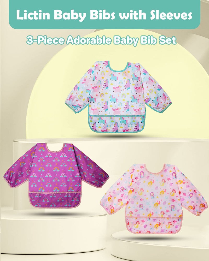 Lictin 3 Pack Baby Bibs for Boy or Girl, Cute Long Sleeve Bib, Waterproof Bibs for Toddlers,Adjustable Closure Baby Smock, Mess Proof Baby Bib, 6-24 Months Reusable Infant Baby Bibs - Image 2